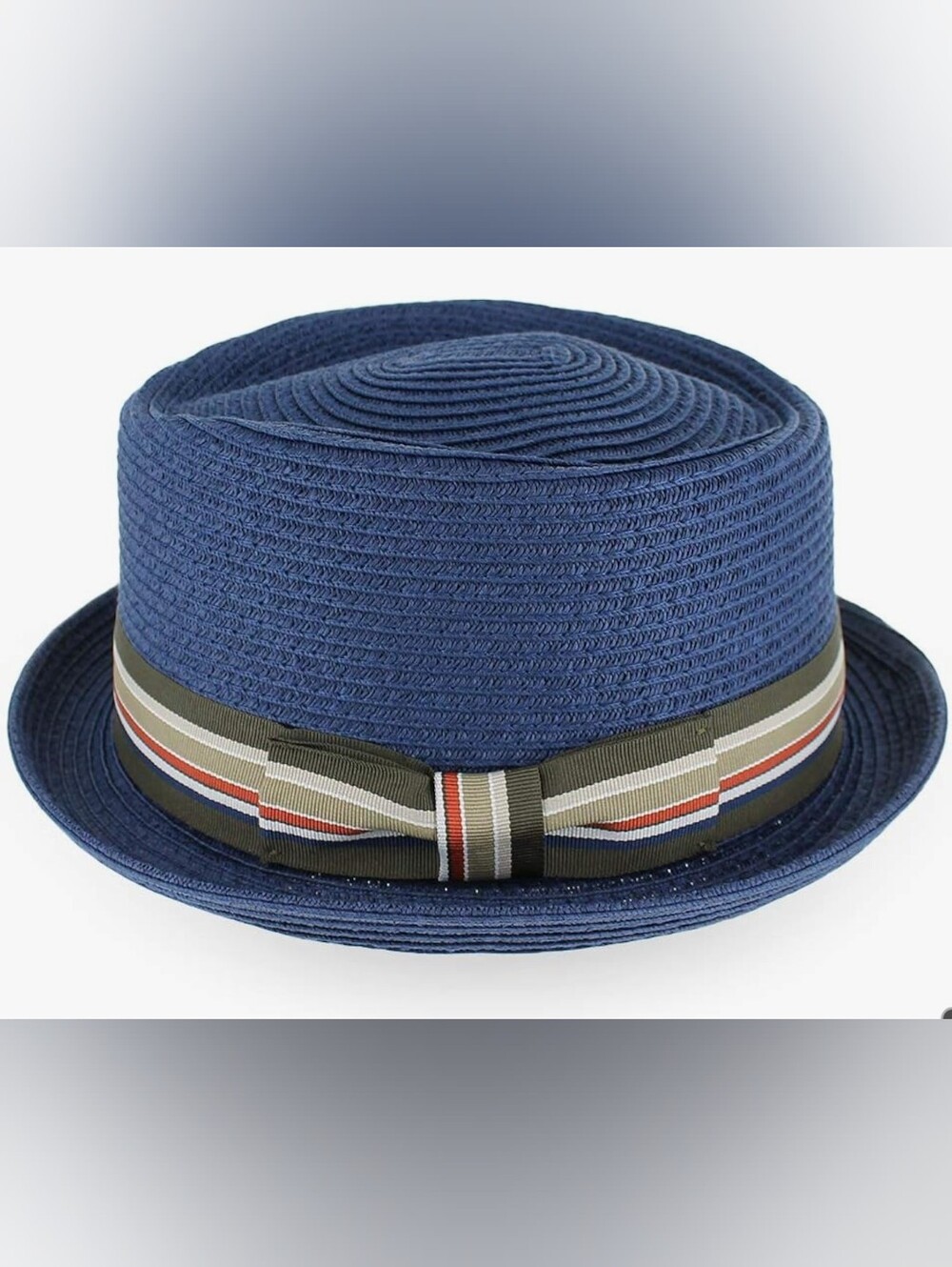 Navy Summer Straw Pork Pie Hat with Striped Band